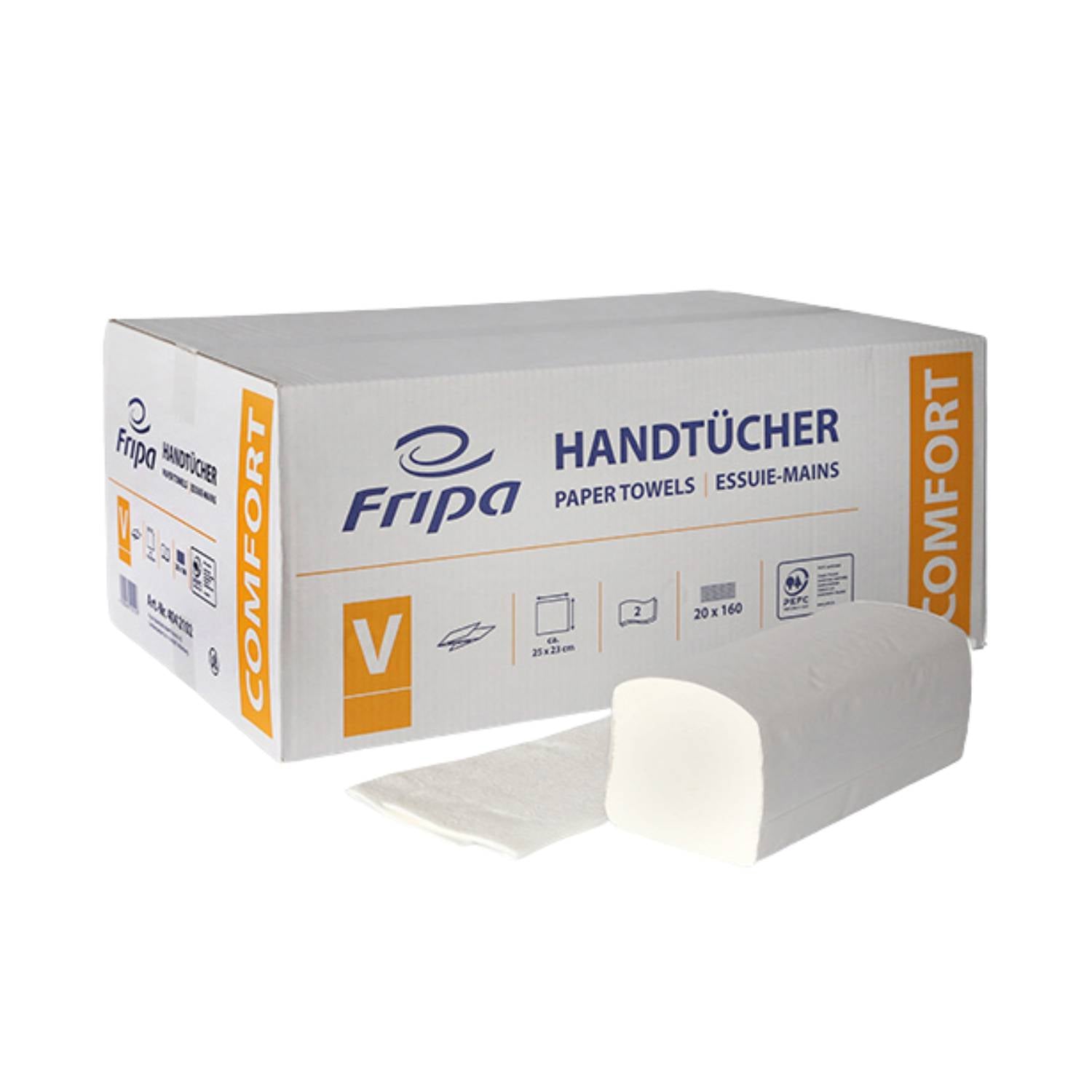 Fripa Papierhandtücher COMFORT, V-Falz, 25 x 23 cm, 2-lagig (hochweiß) - Karton (20x160 Blatt)